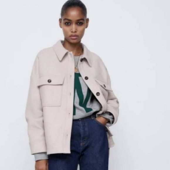 New Zara Oversized Manteco Wool Blend Overshirt Jacket Shacket In Stone NWT Sz L - Picture 8 of 9